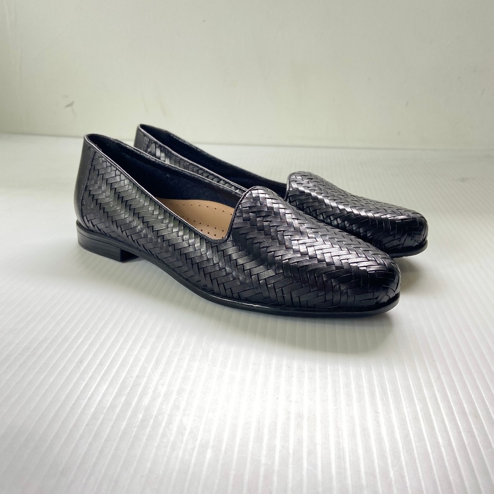 Trotters Liz III Black Woven Herringbone Leather Flats Loafers Womens 8.5 Narrow